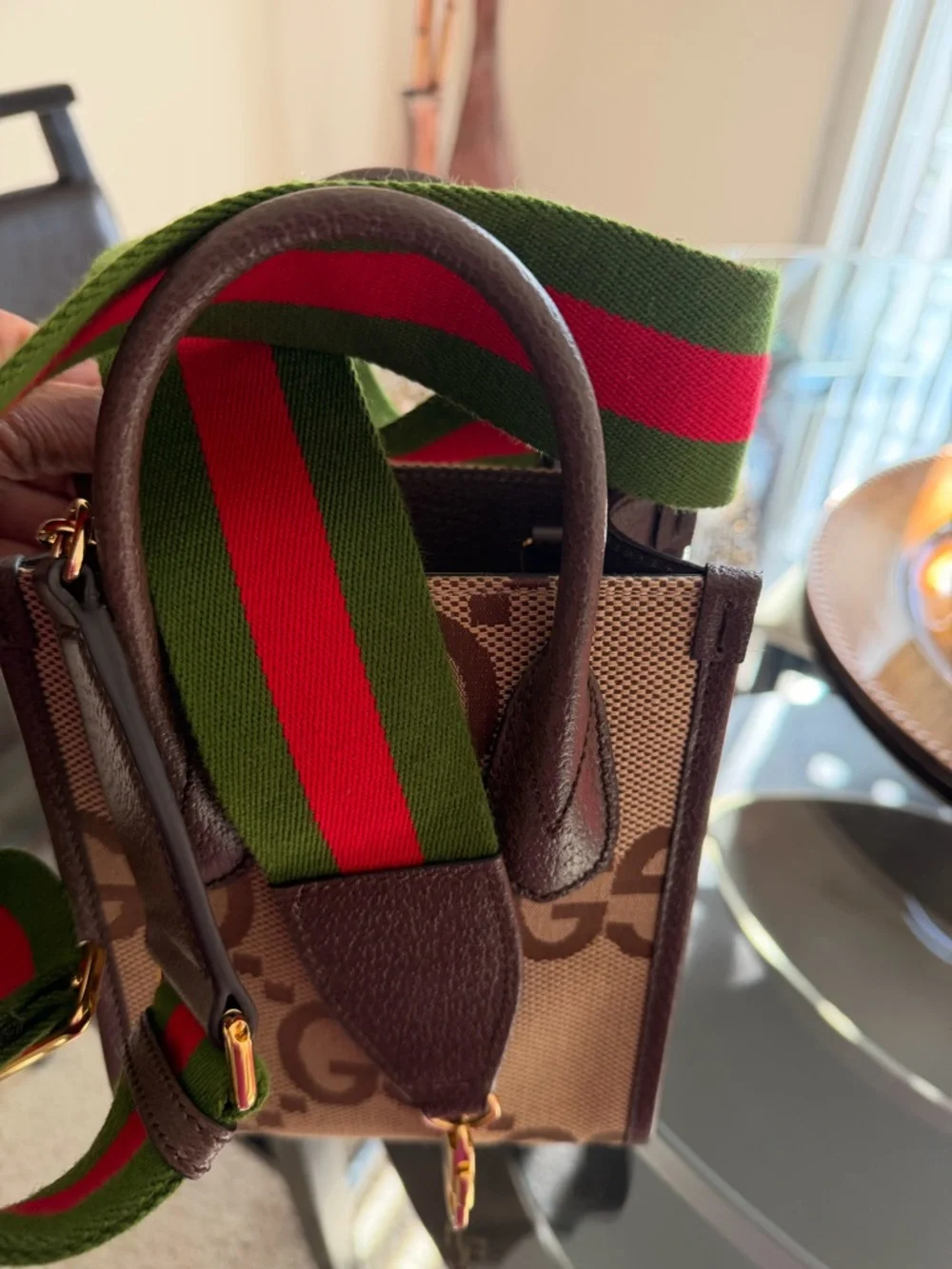 Gucci Brown GG Canvas Mini Tote/Crossbody with Green-Red Strap - Picture 4 of 13